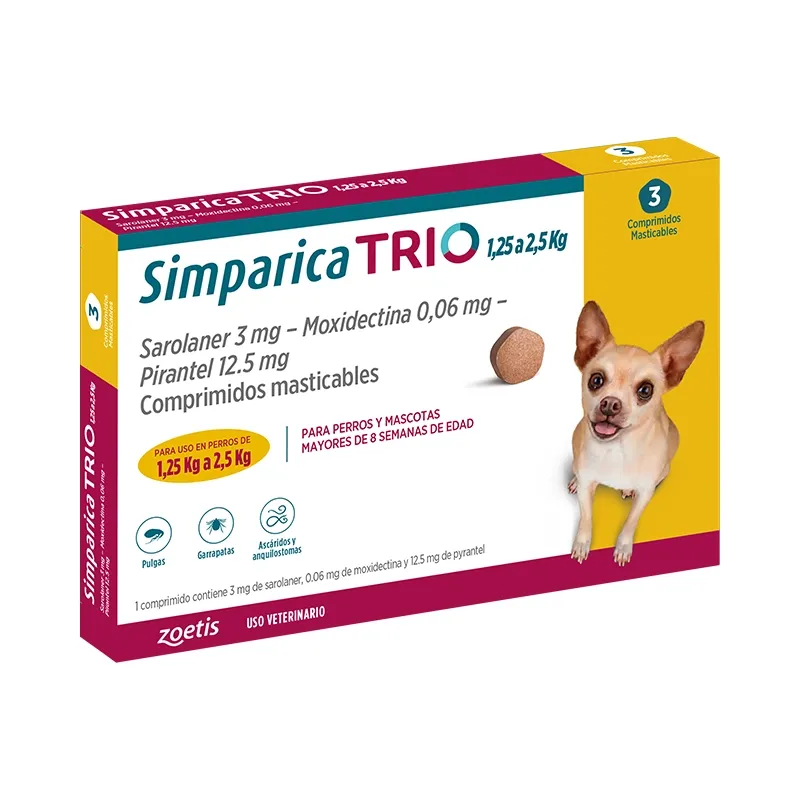 Simparica Trio 1.25-2.5 Kg 3 Comprimidos - Sarolaner + Moxidectina + Pirantel