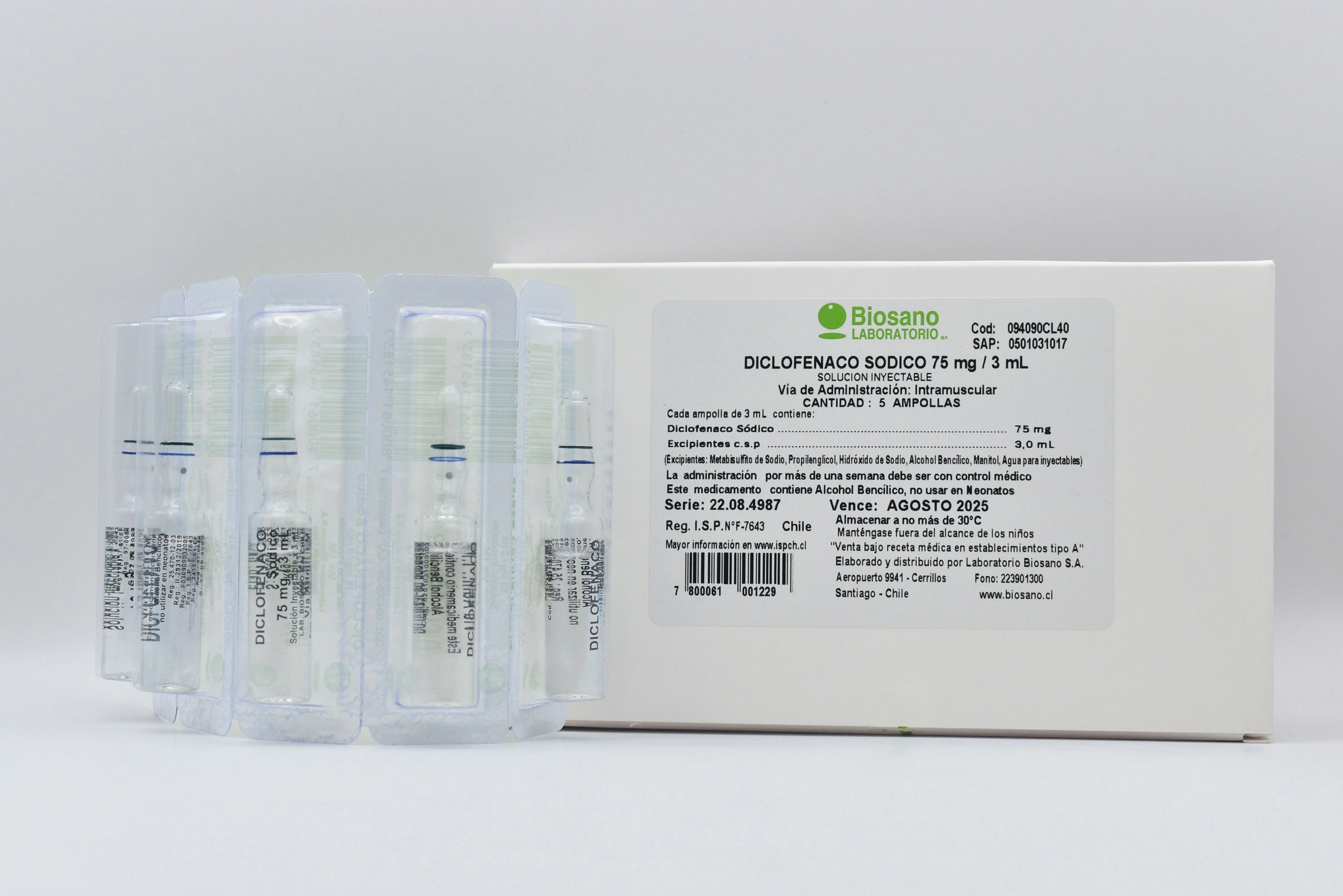 Diclofenaco Sódico 75 mg x 5 Ampollas Inyectables