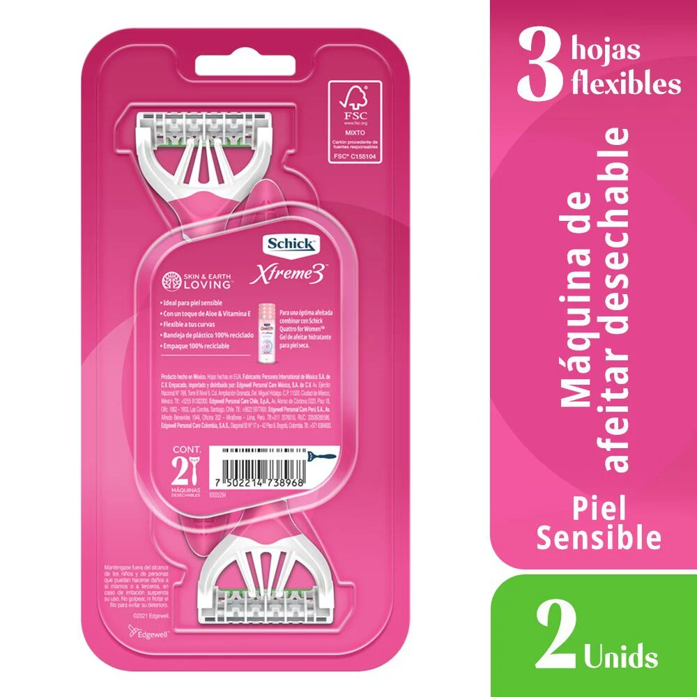 Schick Xtreme 3 Piel Sensible 2 Unidades - Máquina de Afeitar Desechable
