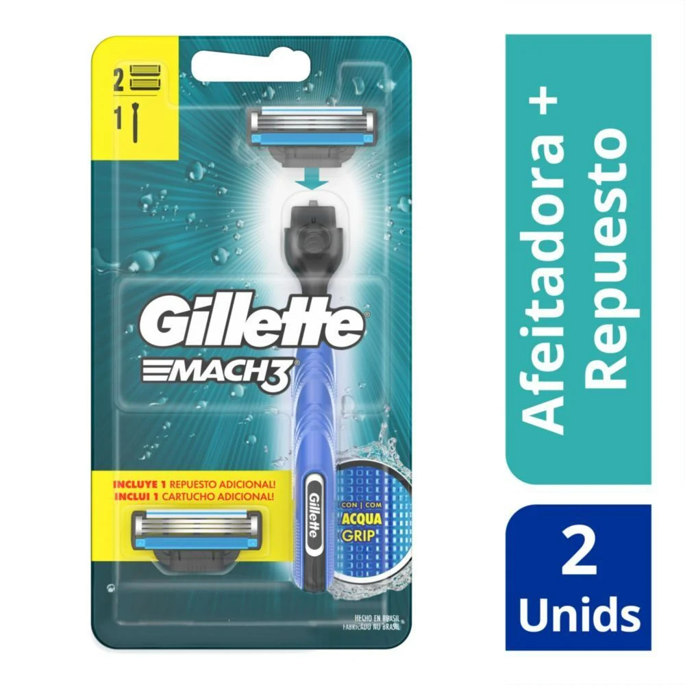 Gillette Mach3 Aqua Grip Máquina de Afeitar + Repuesto (2 Cartuchos)