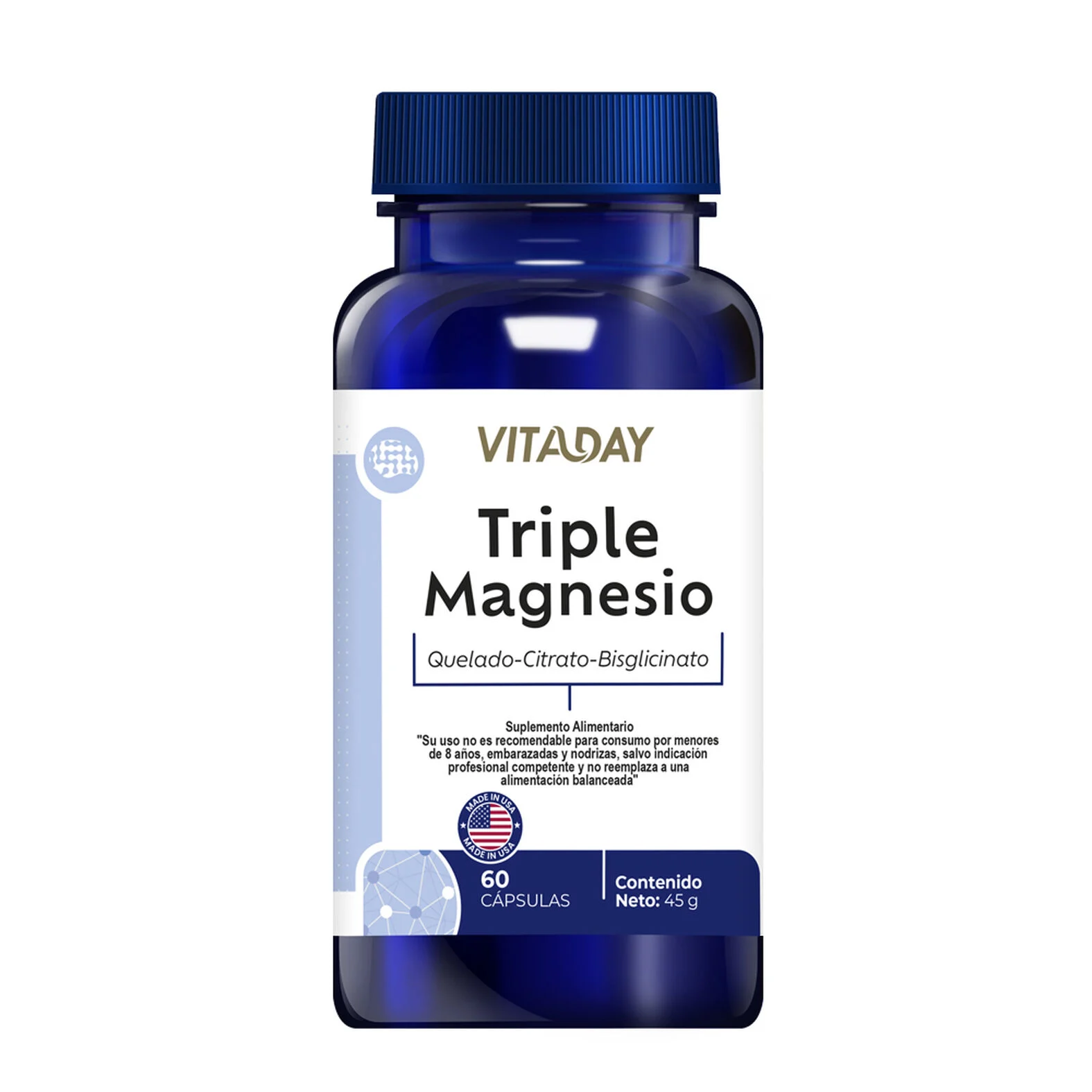 Vitaday Triple Magnesio 60 Cápsulas - Suplemento de Magnesio Quelado, Citrato...
