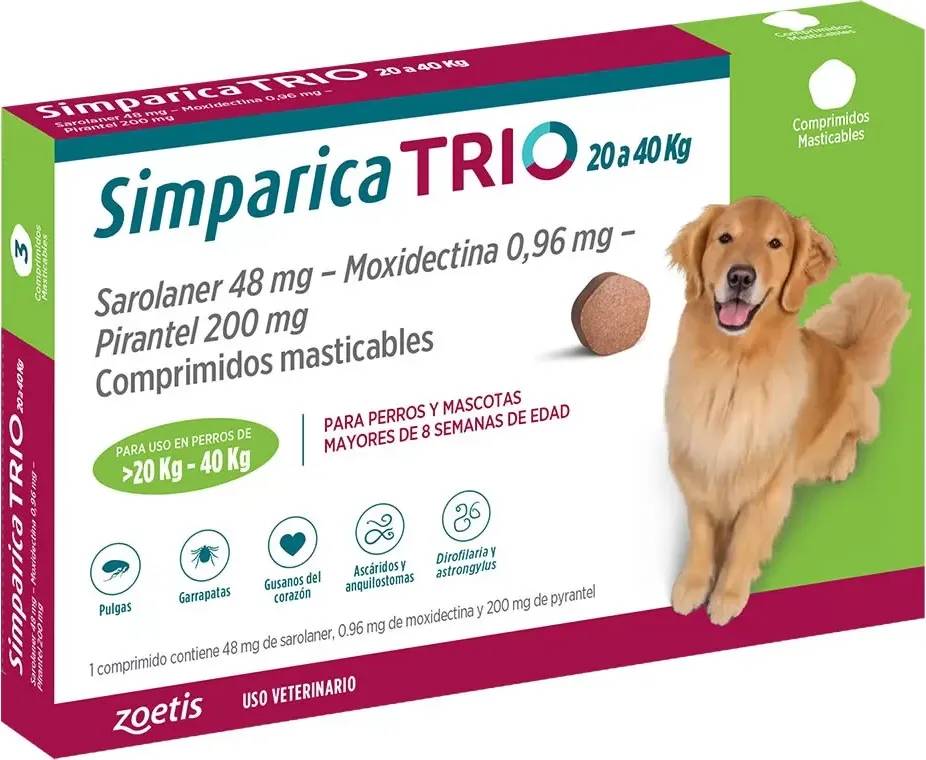Simparica Trio 20-40 Kg 3 Comprimidos - Sarolaner + Moxidectina + Pirantel