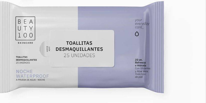 Beauty 100 Skincare Toallitas Desmaquillantes Noche Waterproof 25 Unidades